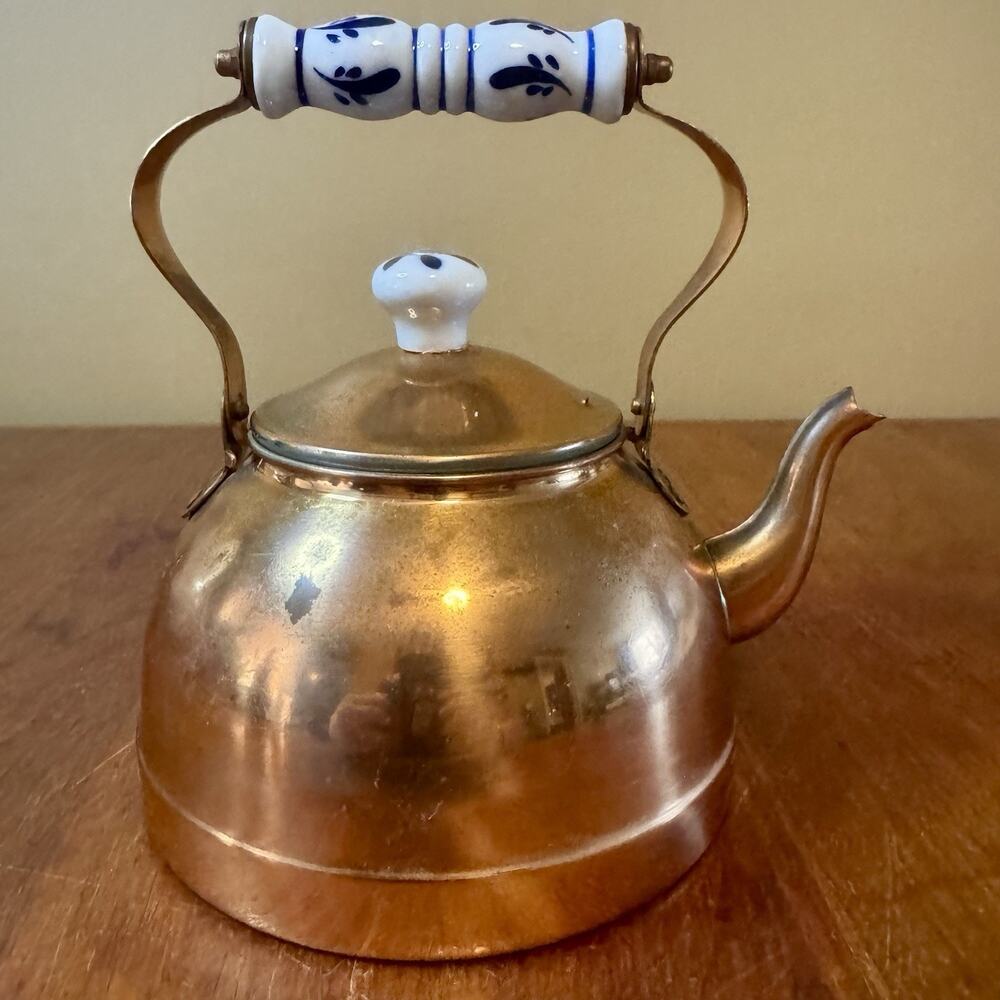 Vintage Solid Copper Tea Kettle Blue White Floral Ceramic Handle Farmhouse
